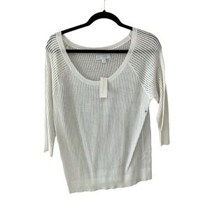 NY & Company Blouse Top Women's Size M White Mesh Crew Neck Long Sleeve Pullover